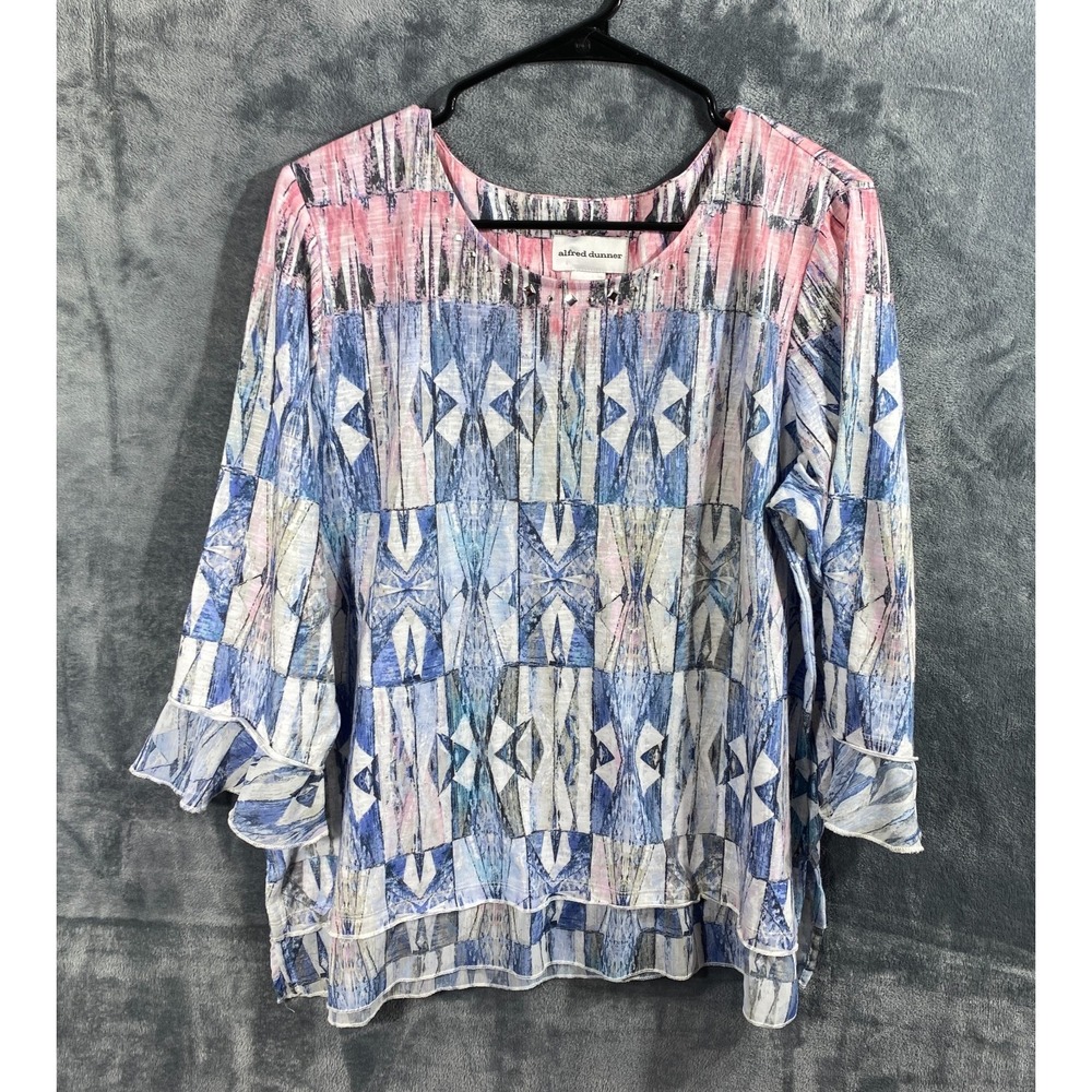 Alfred Dunner Shirt Womens L Blue Abstract Scoop 3/4 Sleeve Puff Top Blouse